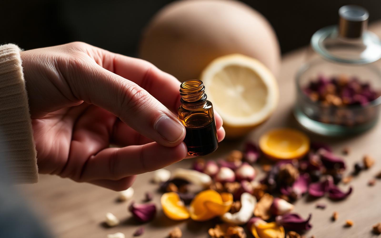 Perfumer selecting raw naturals in the atelier